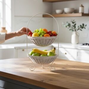 Vintage 2 Tier White Vintage Wicker Basket 20.5"x10" Shabby Chic, Versatile